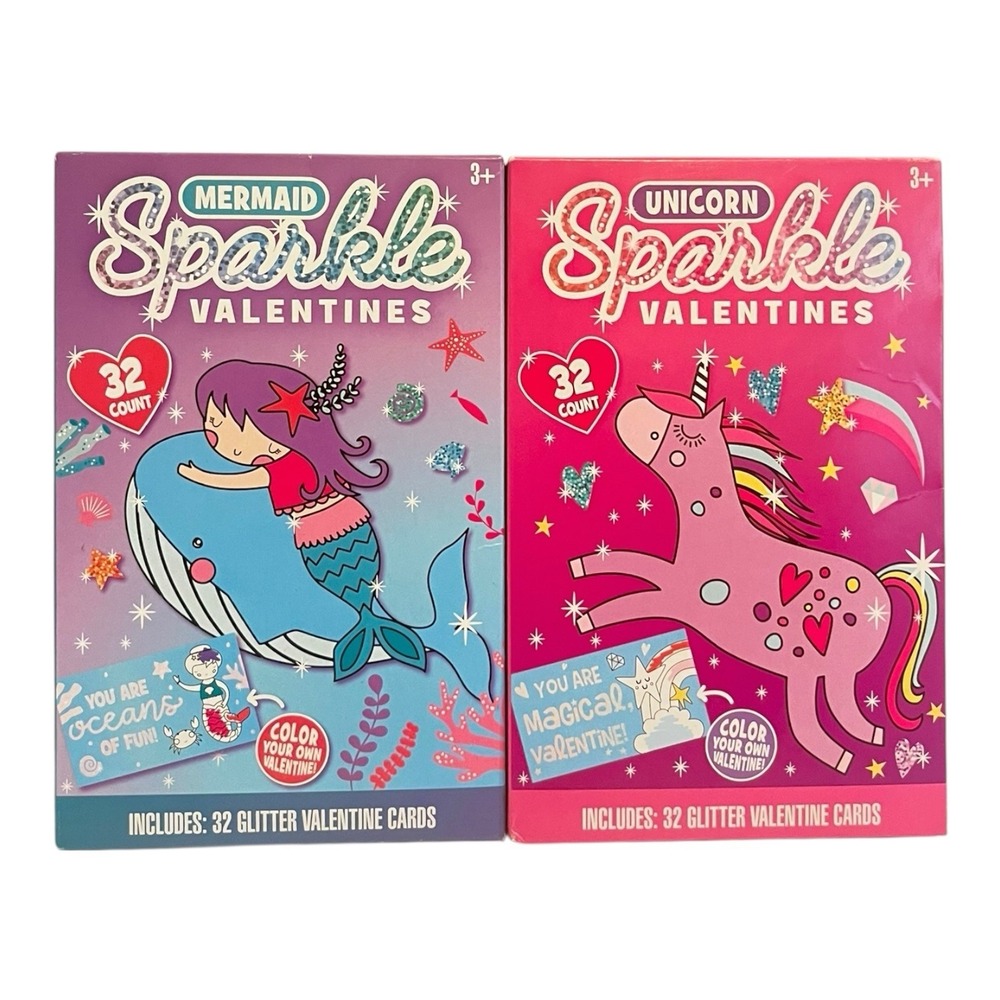 Lot of 2 Sparkle Glitter Valentine Cards Mermaid Unicorn Exchange Party 64 Cards